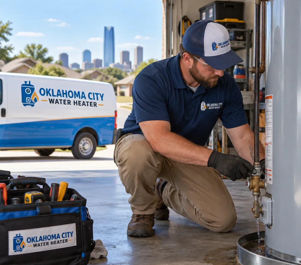 Technician inspecting a residential tank water heater for leaks in an Oklahoma City garage