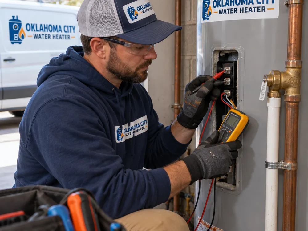 Technician testing electric water heater components and checking the relief discharge line