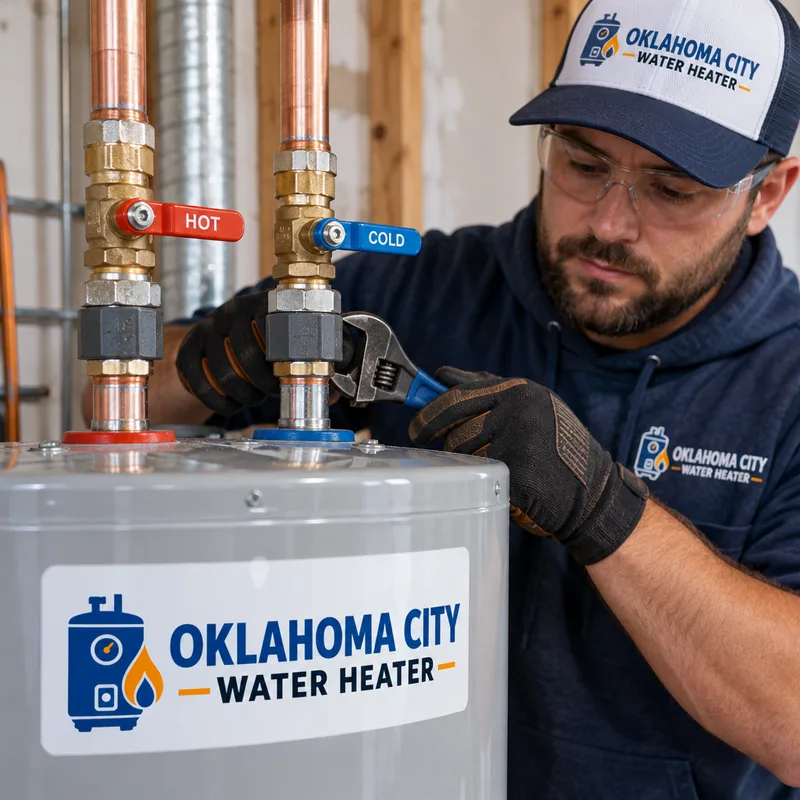 Clean hot and cold water connections with a labeled shutoff valve on a newly installed tank heater