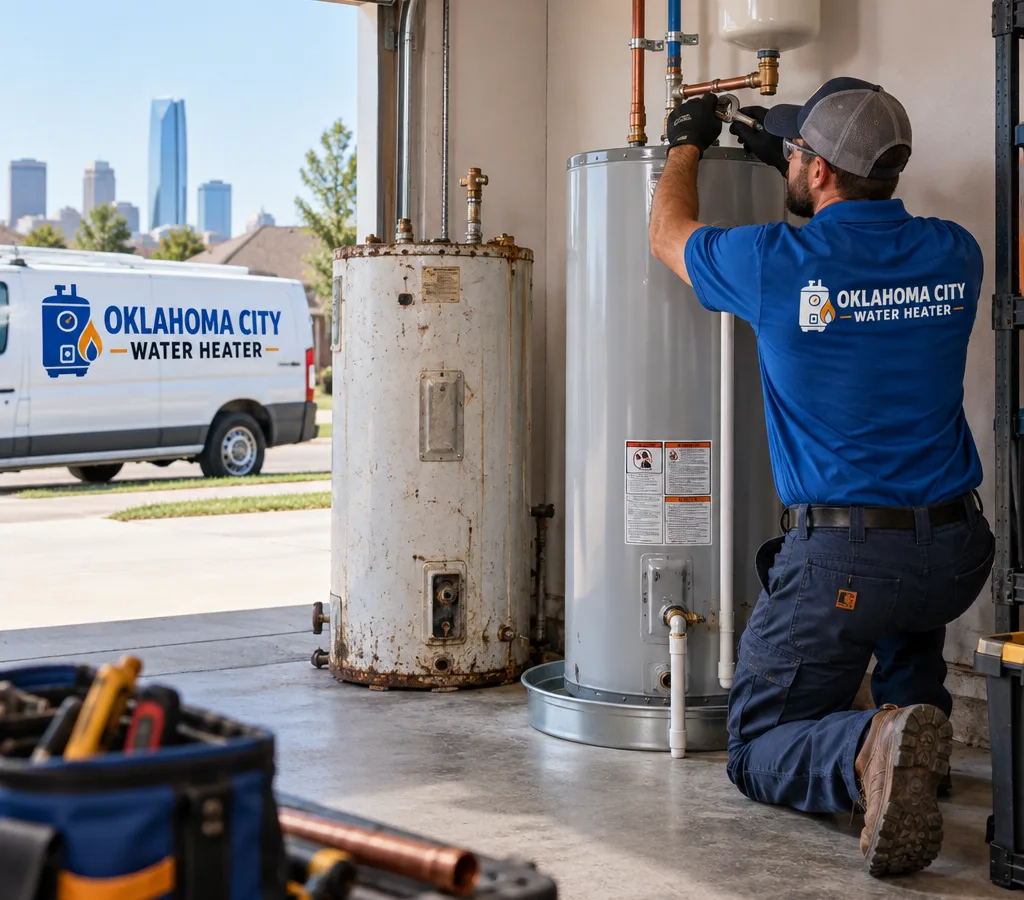 Plumber installing a new tank water heater with clean connections, a discharge line, and a drip pan in an Oklahoma City garage