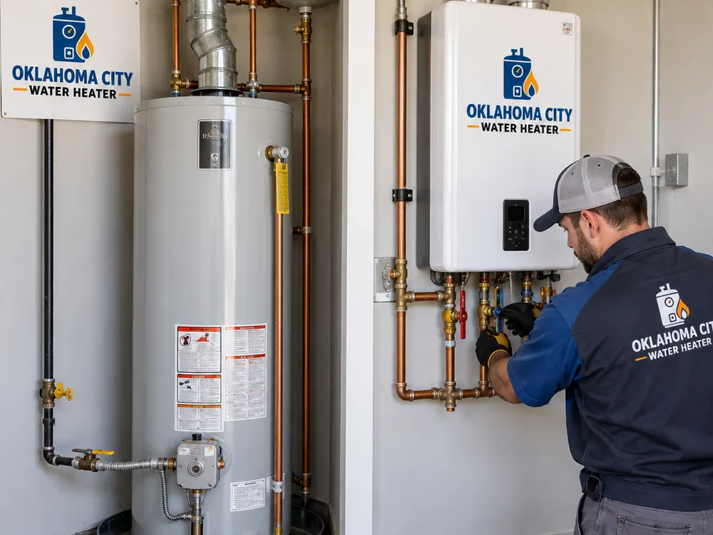 Standard gas tank water heater and wall-mounted tankless water heater installed in clean utility spaces