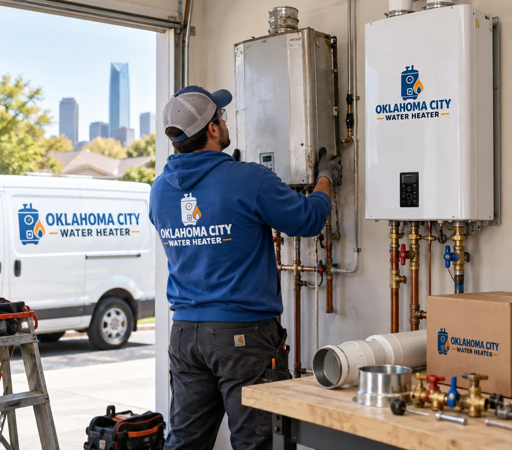 Technician removing an existing wall-hung tankless water heater and staging a new unit with isolation valves and venting parts in a clean utility area