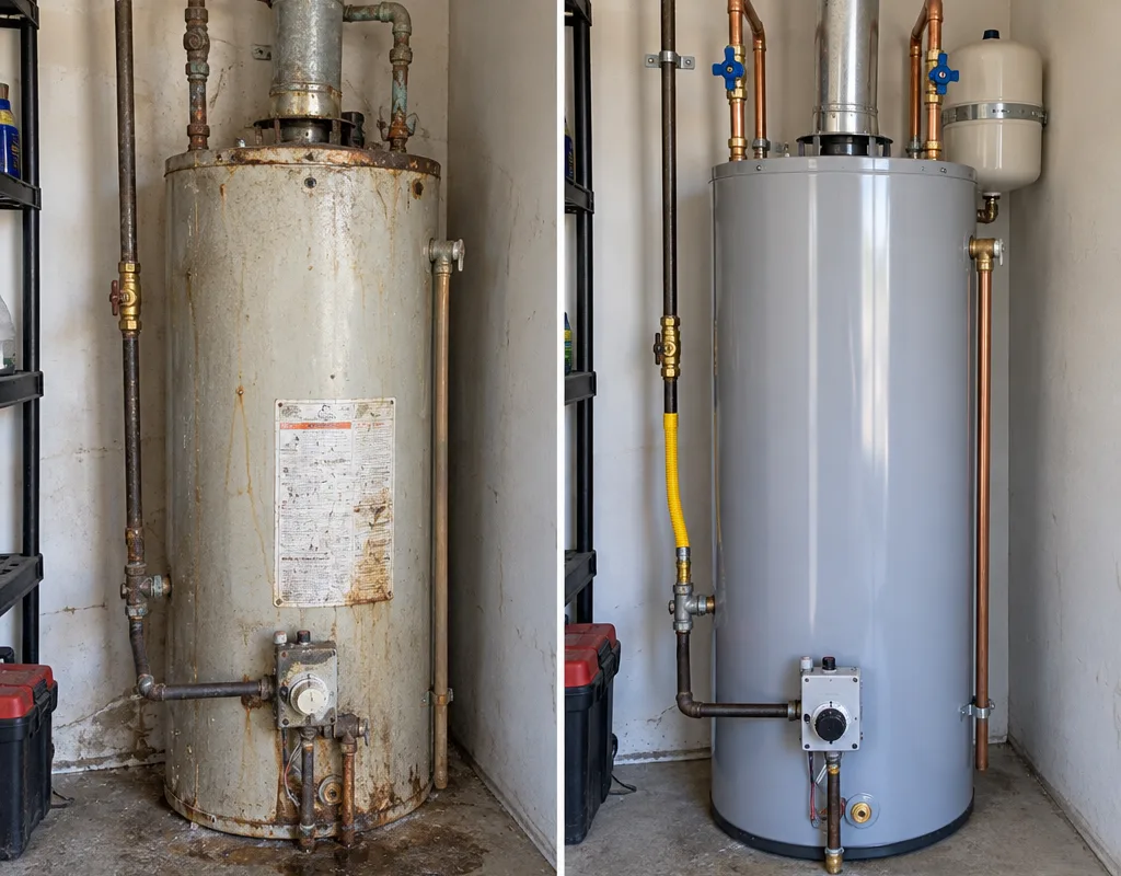 Before-and-after view of a corroded gas water heater replaced by a new unit with updated shutoff valves and a proper vent connection