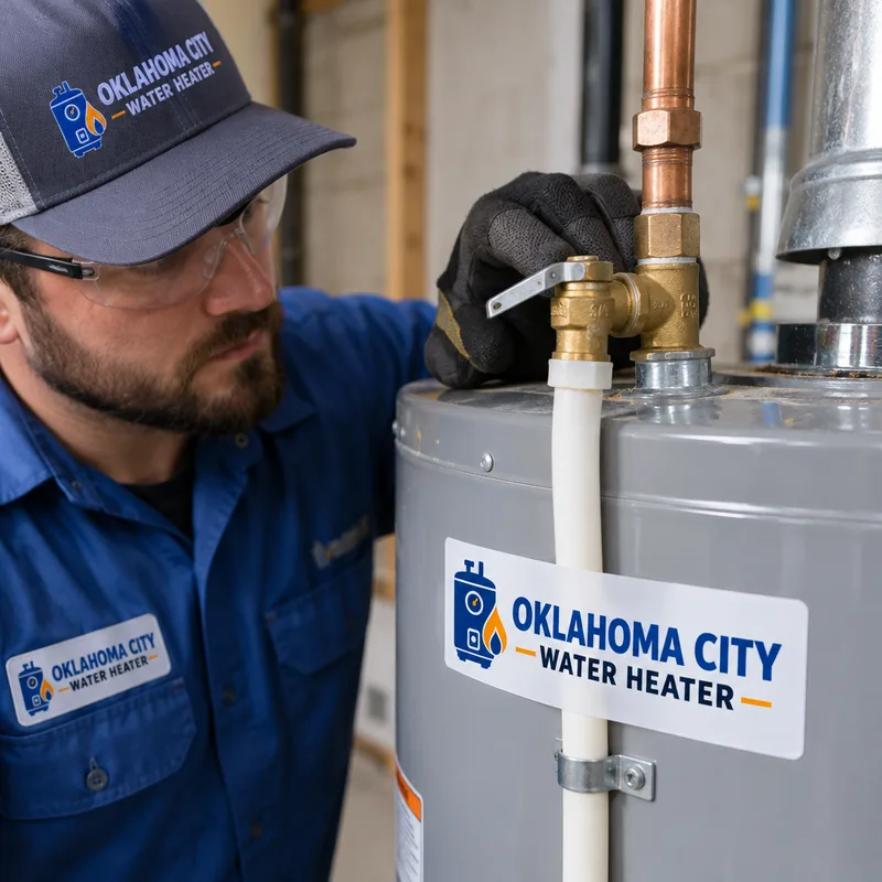 Detail of a TPR valve and correctly routed discharge line on a newly installed tank water heater