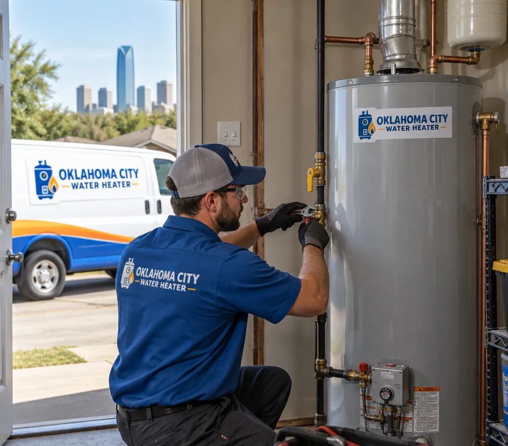 Technician installing a new tank-style gas water heater in an Oklahoma City utility room with proper venting and shutoff valves visible