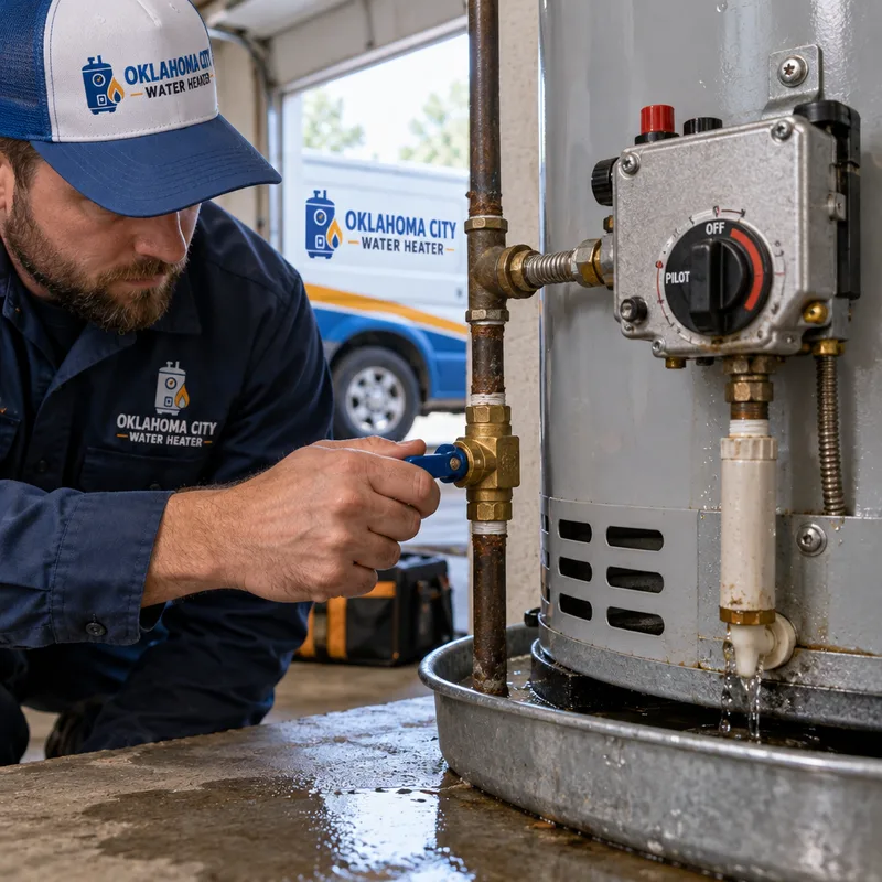 Water heater shutoff valve, gas control, catch pan, and damp floor showing components to locate during an emergency