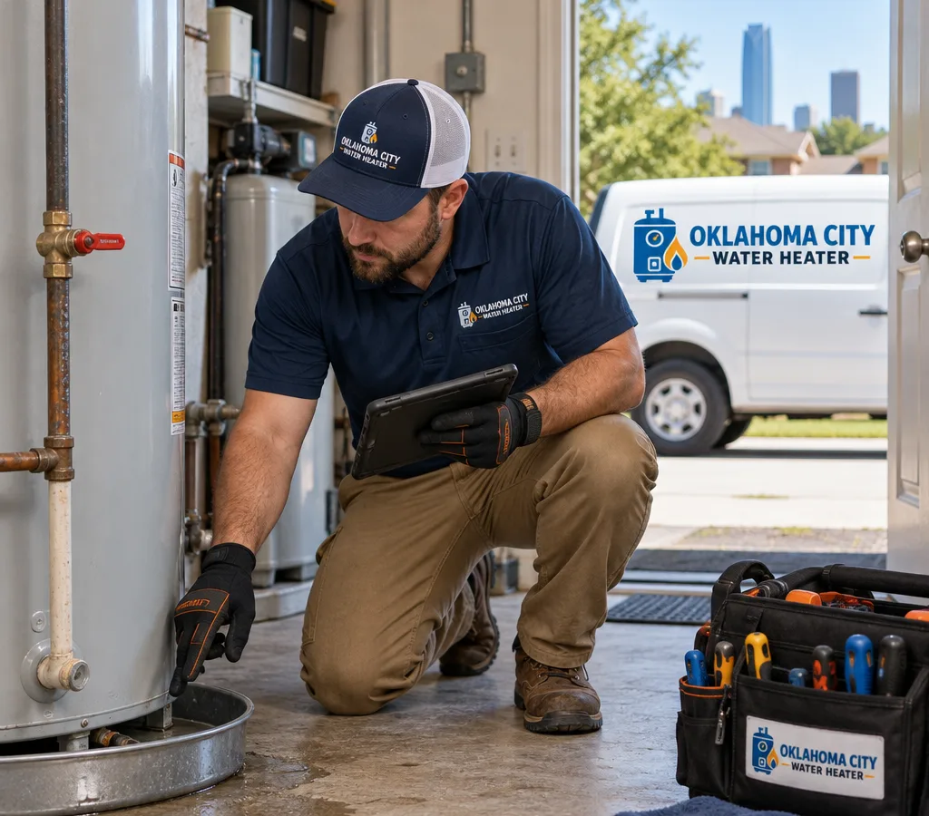 Technician inspecting a leaking water heater, drain pan, and shutoff valve in an Oklahoma City utility room