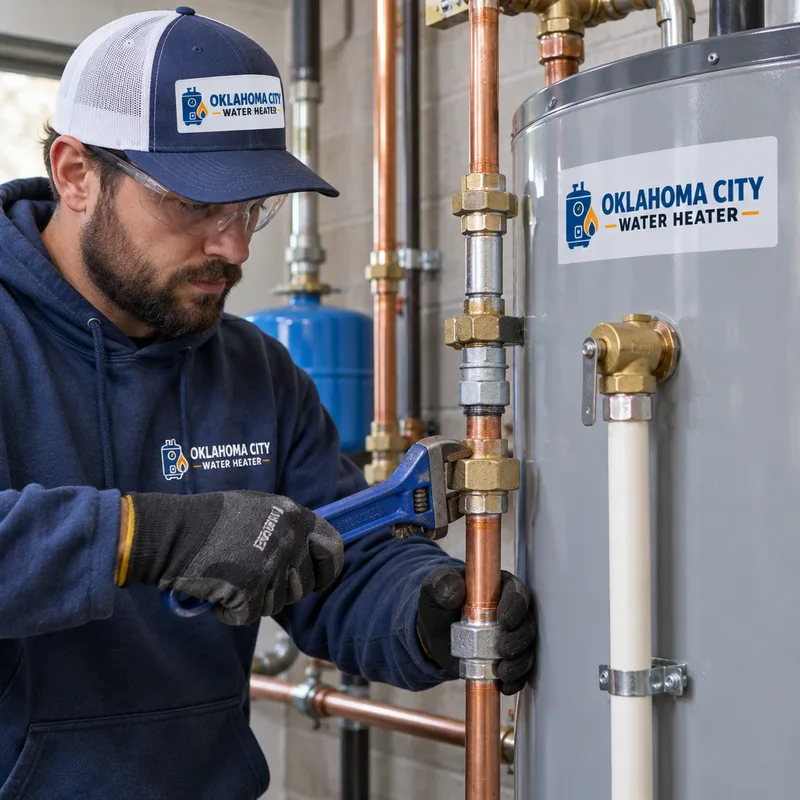 New commercial water heater with clean piping, service unions, and properly routed relief valve discharge line