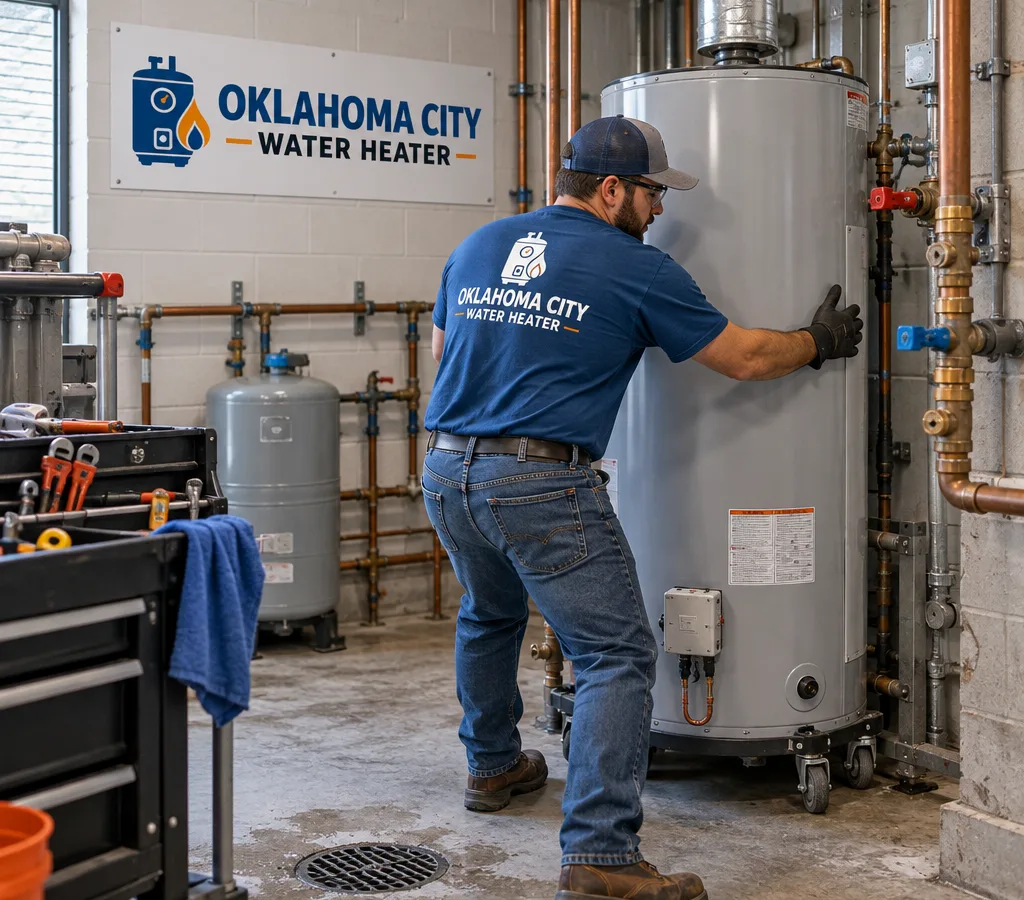 Technician moving a commercial water heater into place in a mechanical room with visible shutoff valves, venting, and floor drain