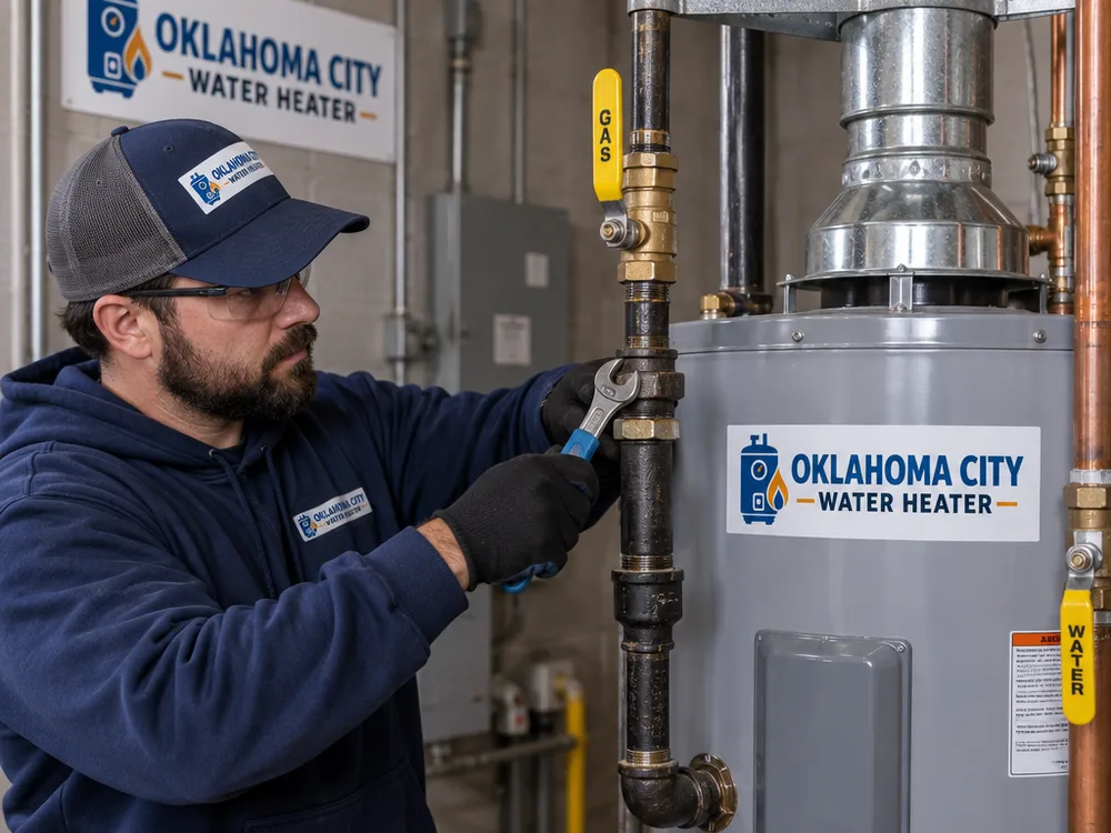 Commercial water heater installation with supported venting, gas shutoff, sediment trap, unions, and labeled isolation valves
