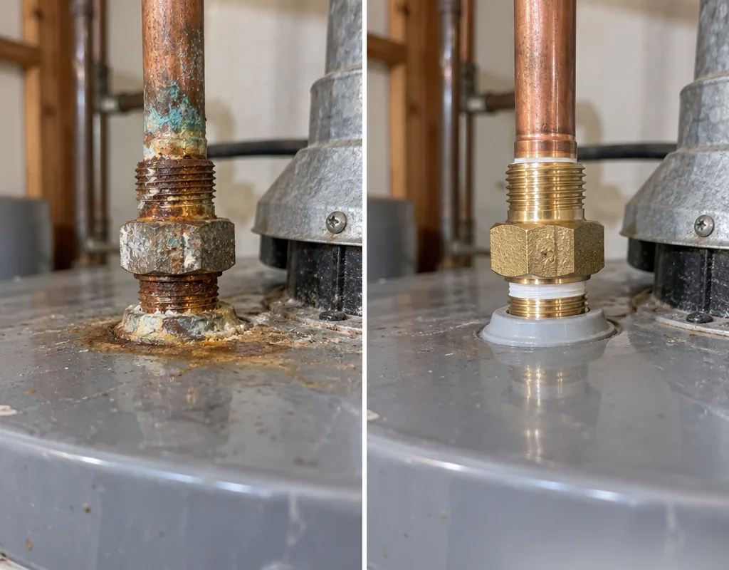Before and after comparison of a corroded water heater nipple and connector replaced with new fittings