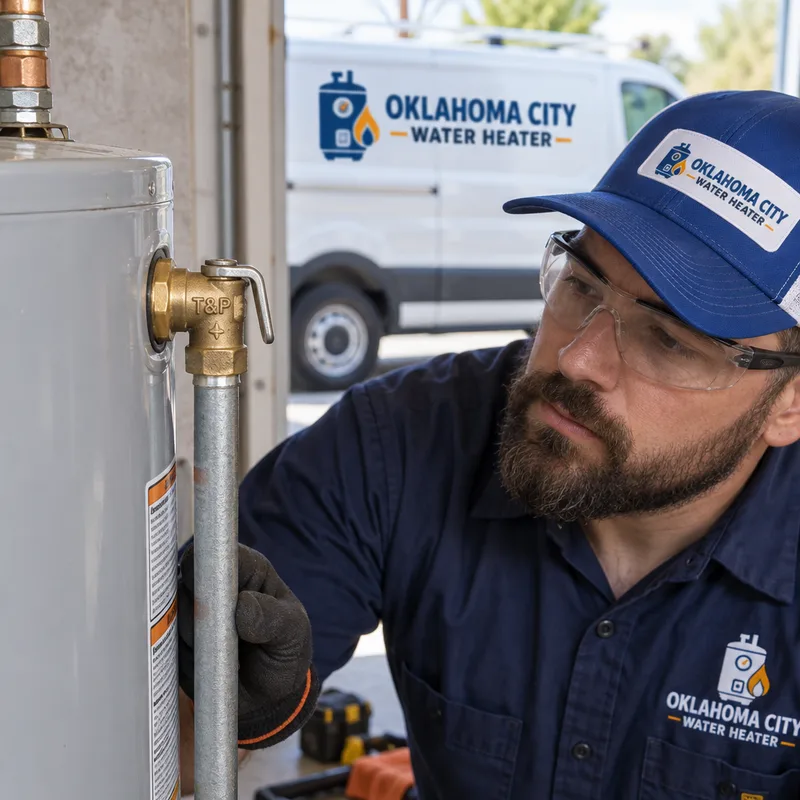 Technician inspecting the temperature and pressure relief valve and discharge line on a tank water heater