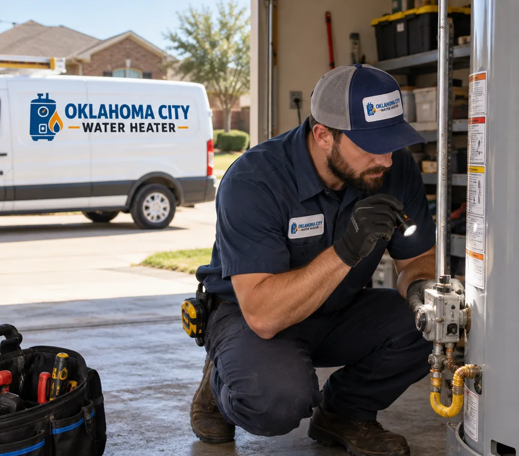 Plumber inspecting the gas control valve and connections on a residential water heater in a Del City garage