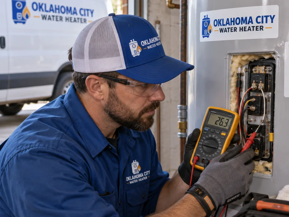 Technician testing an electric water heater element with a multimeter and inspecting wiring at the access panel