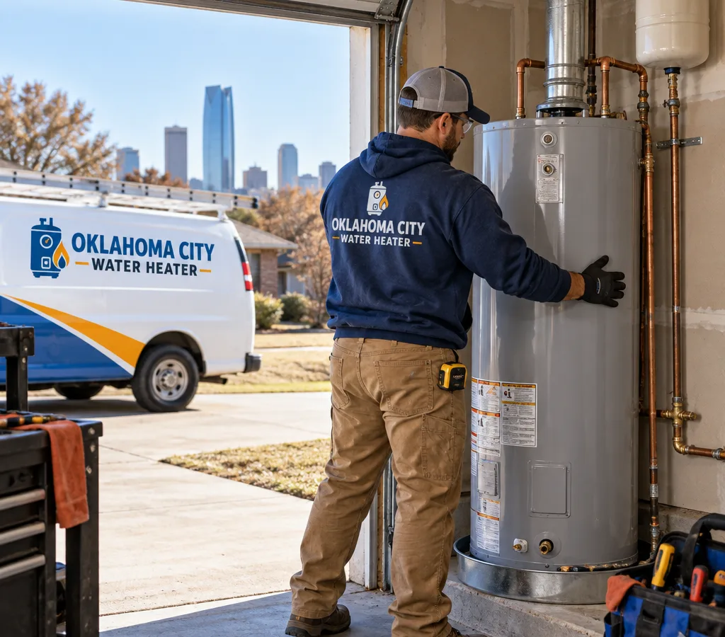 Technician positioning a new tank water heater in a Midwest City garage mechanical corner with a drain pan and venting visible