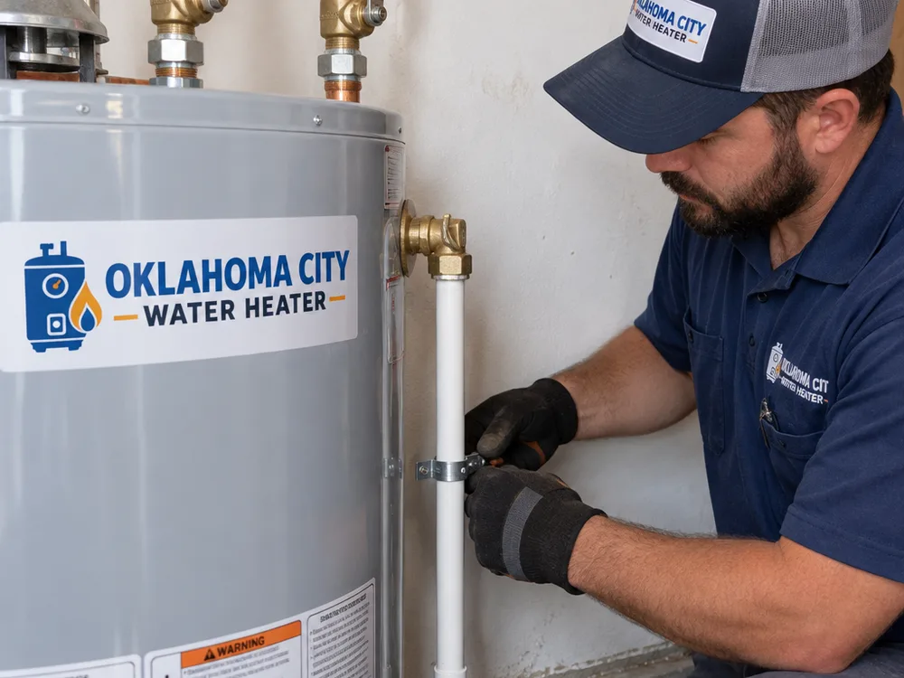 New water heater with a properly routed TPR discharge pipe, shutoff valves, and unions visible