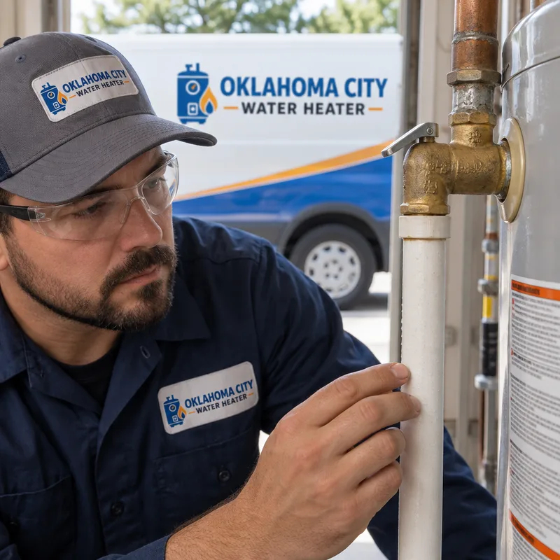 Technician inspecting a water heater temperature and pressure relief valve and discharge pipe for moisture