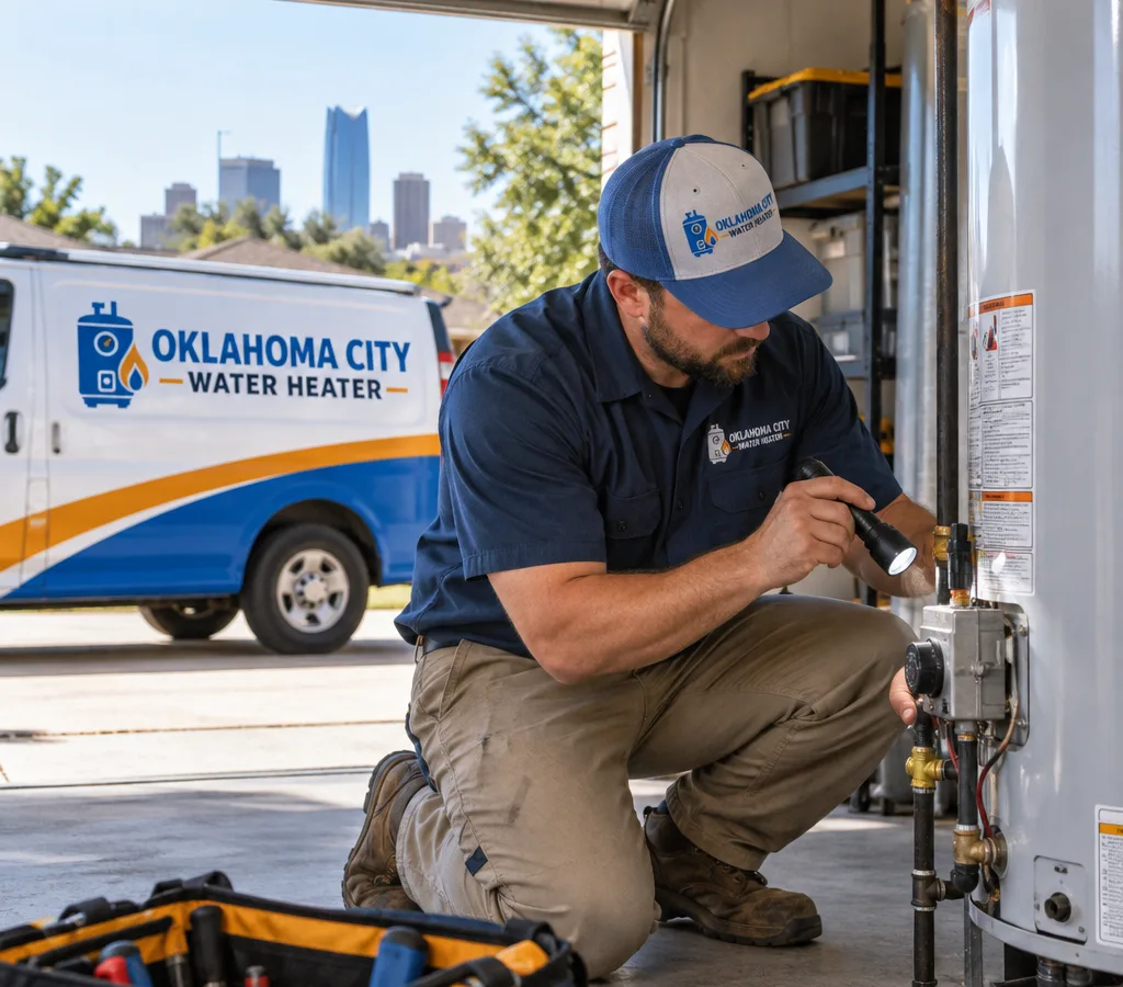 Technician inspecting a residential water heater gas control valve and temperature setting in a clean Bethany garage