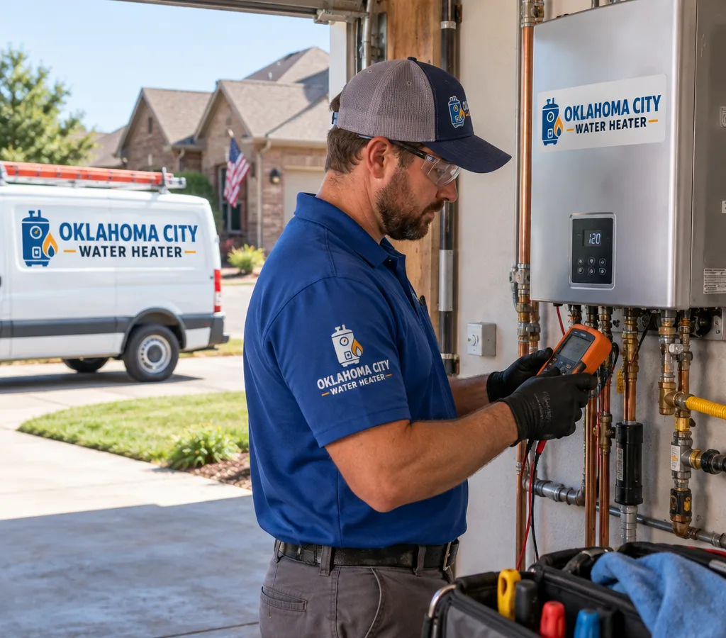 Technician diagnosing a wall-mounted tankless water heater in a Moore-area residential utility space