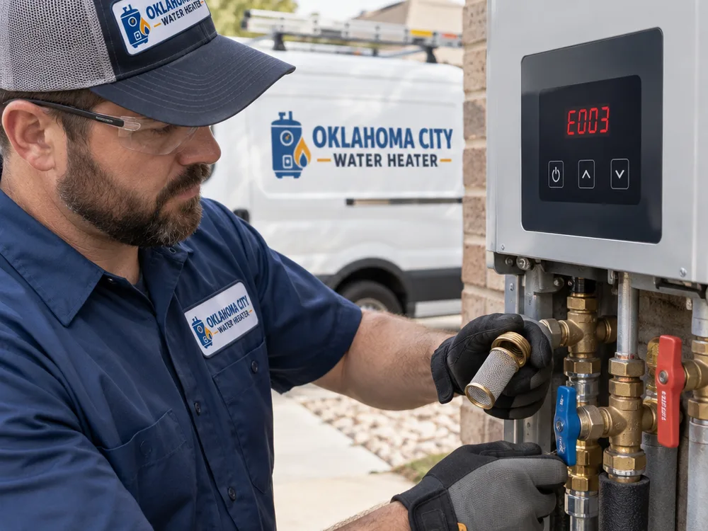 Tankless water heater displaying an error code while a technician inspects the inlet filter and isolation valves