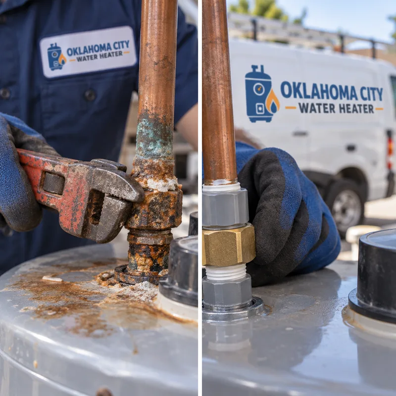 Corroded water heater fitting being replaced with new dielectric connections and proper sealing