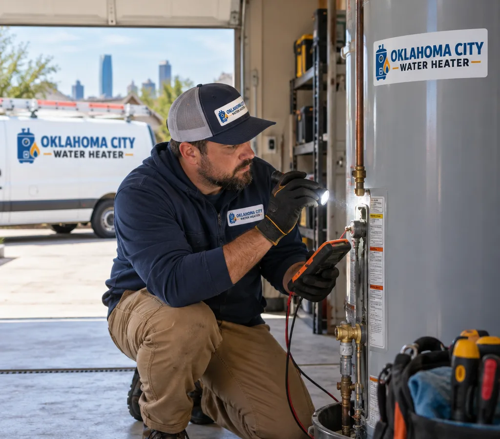 Technician inspecting a residential water heater with a flashlight and meter in a garage utility room