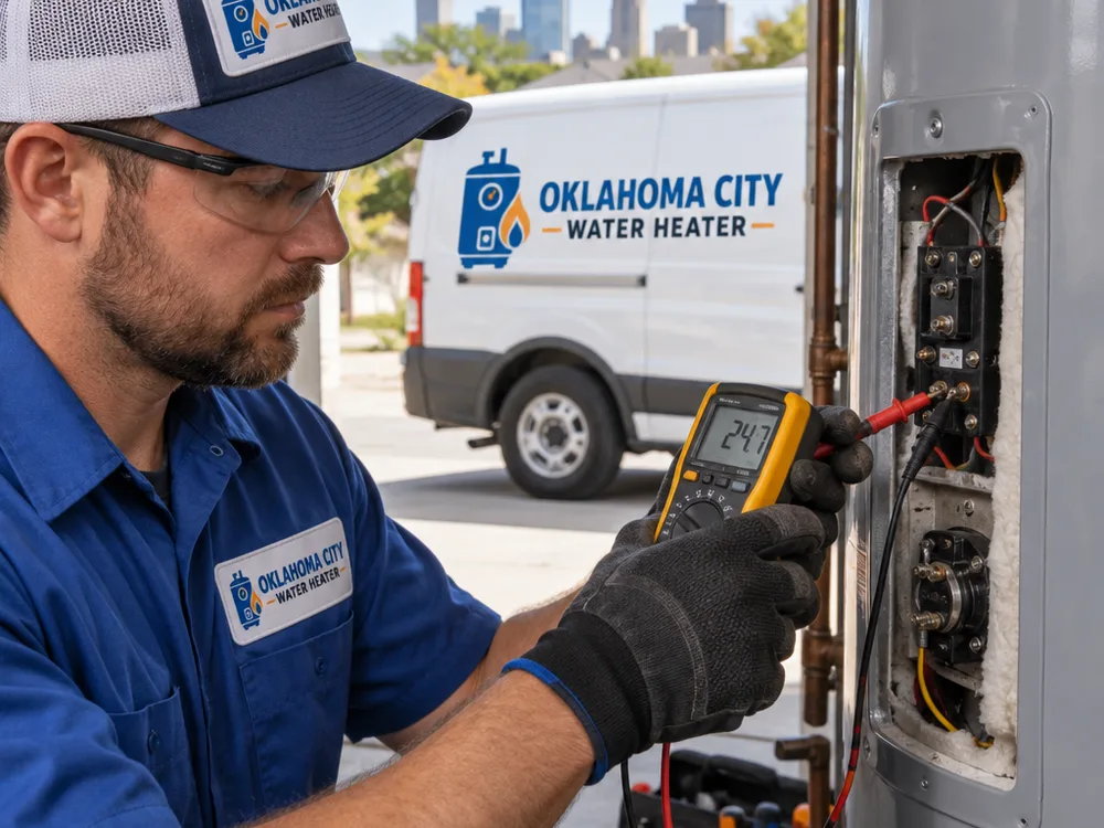 Technician testing an electric water heater thermostat and heating element with a multimeter