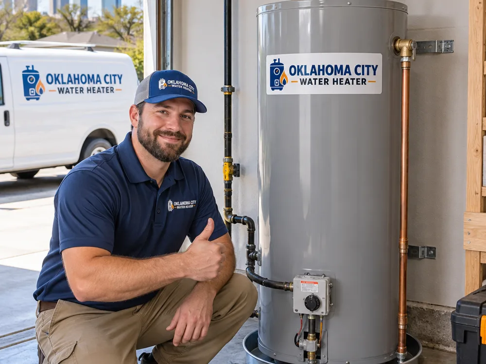Newly installed tank water heater with neatly routed piping and clean utility connections