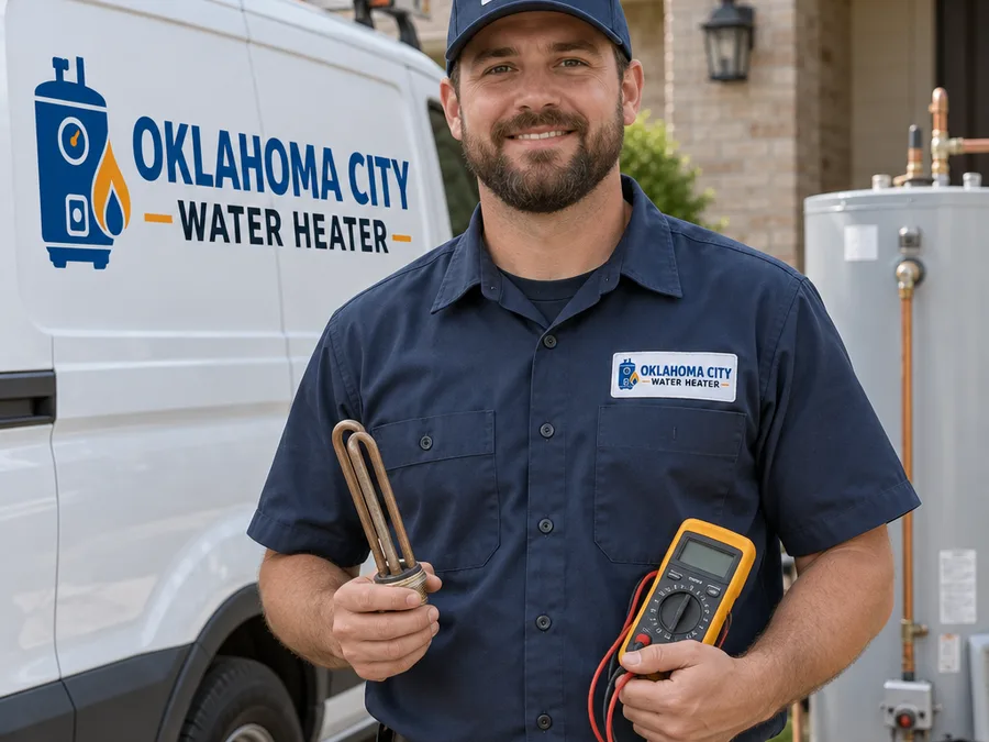 Water heater service team member with repair parts and a diagnostic meter outside an Oklahoma City home