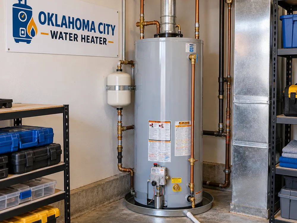 Mechanical room after commercial water heater replacement with clear service access, tidy venting, and floor drain arrangement
